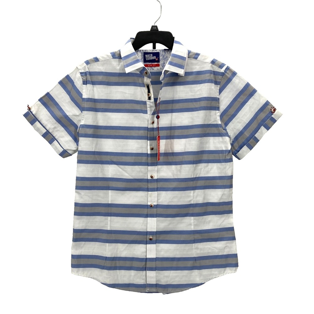 Billy London Shirt Mens XL Slim Fit Blue Striped Short Sleeve Stretch Nautical